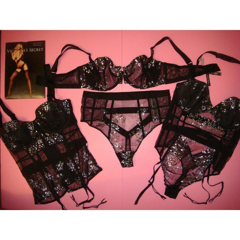 Victoria's Secret 32C,34C BRA SET+garter TEDDY+CORSET+S,M BLACK silver foil mesh